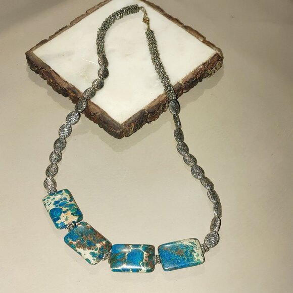 Vintage Silver Necklace Unknown Stone Brown Turquoise Tone Chunky Statement - Picture 4 of 16